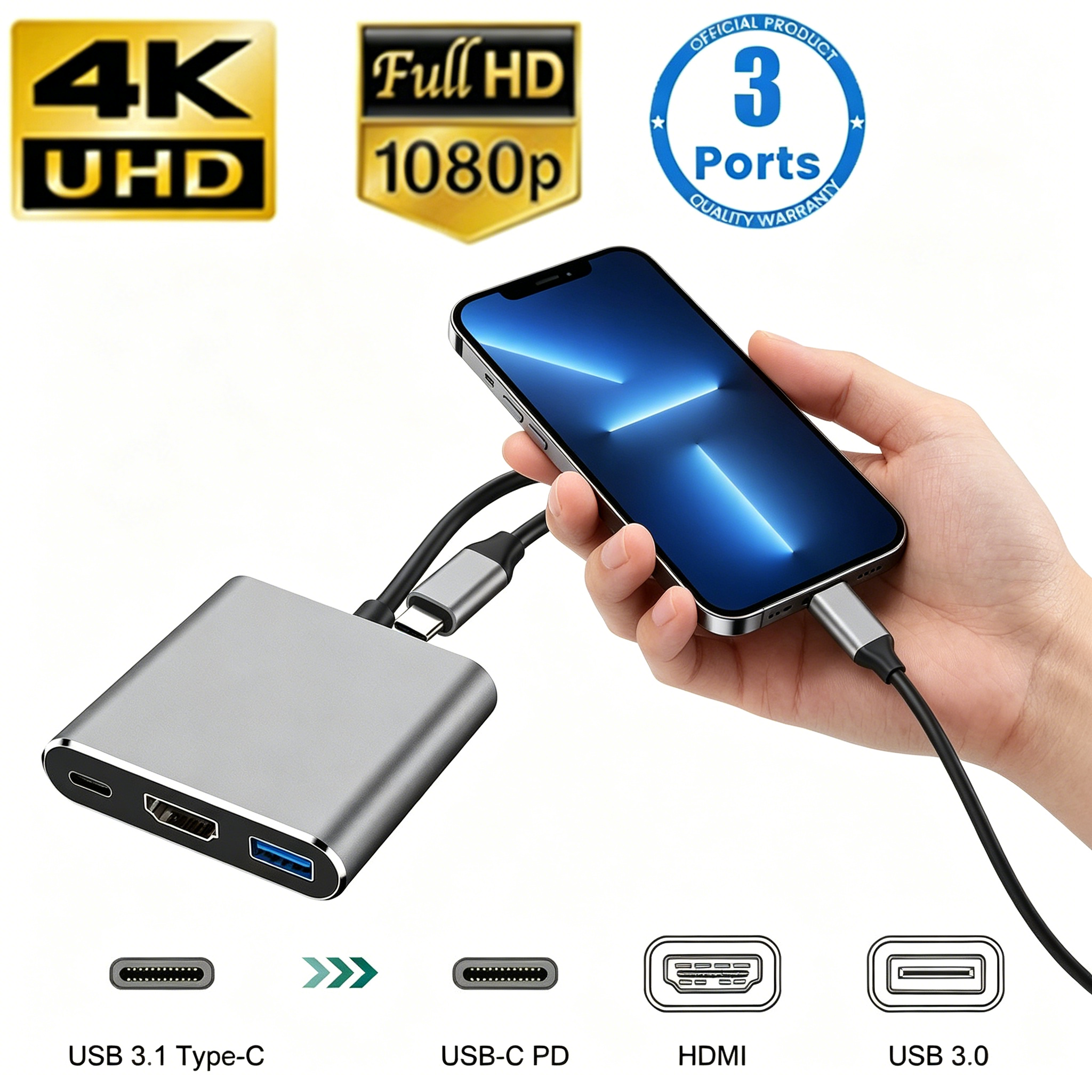 USB C HUB 3-in-1 Multiports Ad - Hdmi Phone Adapter recension och pris